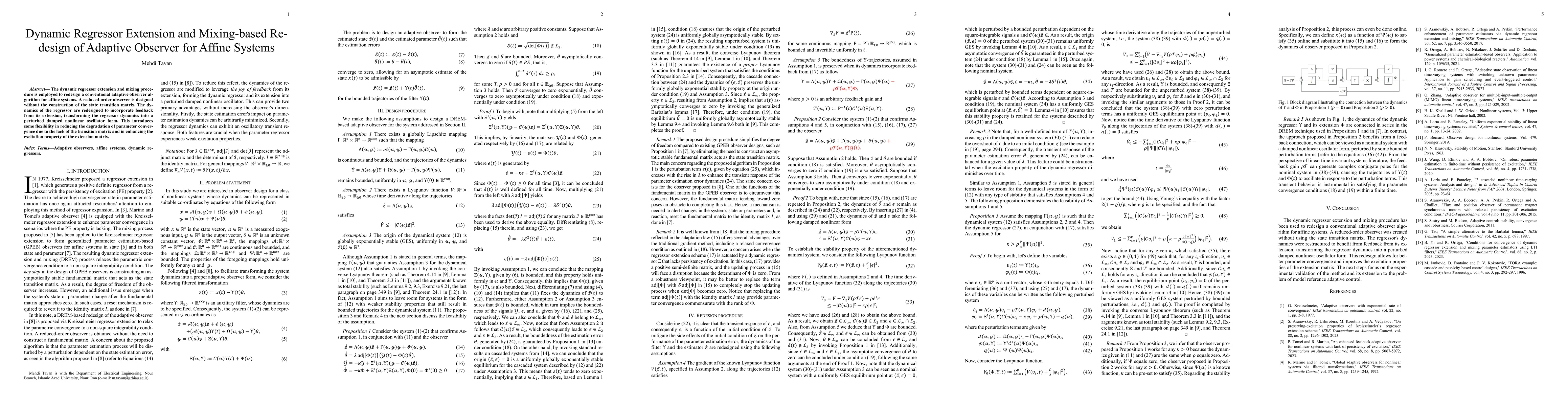 Thumbnail for Dynamic Regressor Extension and Mixing-based Re-design of Adaptive
  Observer for Affine Systems