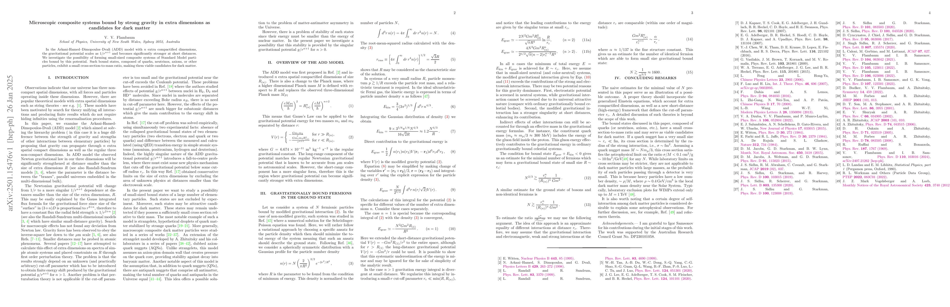 Thumbnail for Microscopic composite systems bound by strong gravity in extra
  dimensions as candidates for dark matter