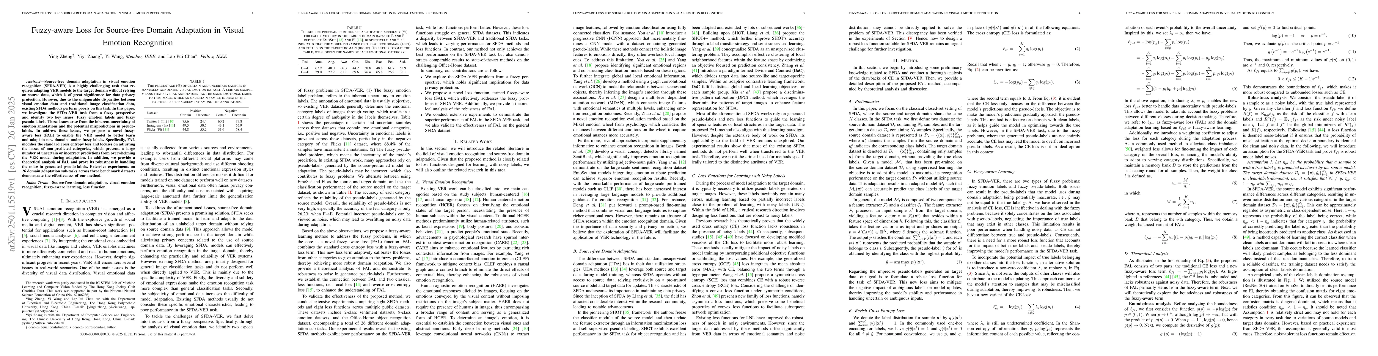 Thumbnail for Fuzzy-aware Loss for Source-free Domain Adaptation in Visual Emotion
  Recognition