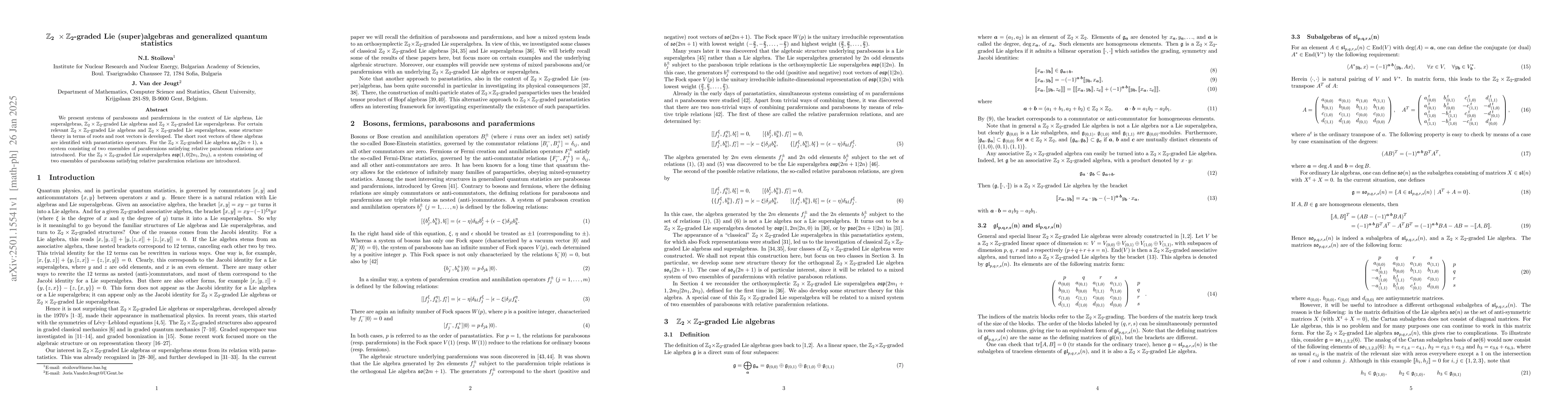Thumbnail for $\mathbf{{\mathbb Z}_2\ \times {\mathbb Z}_2}$-graded Lie
  (super)algebras and generalized quantum statistics