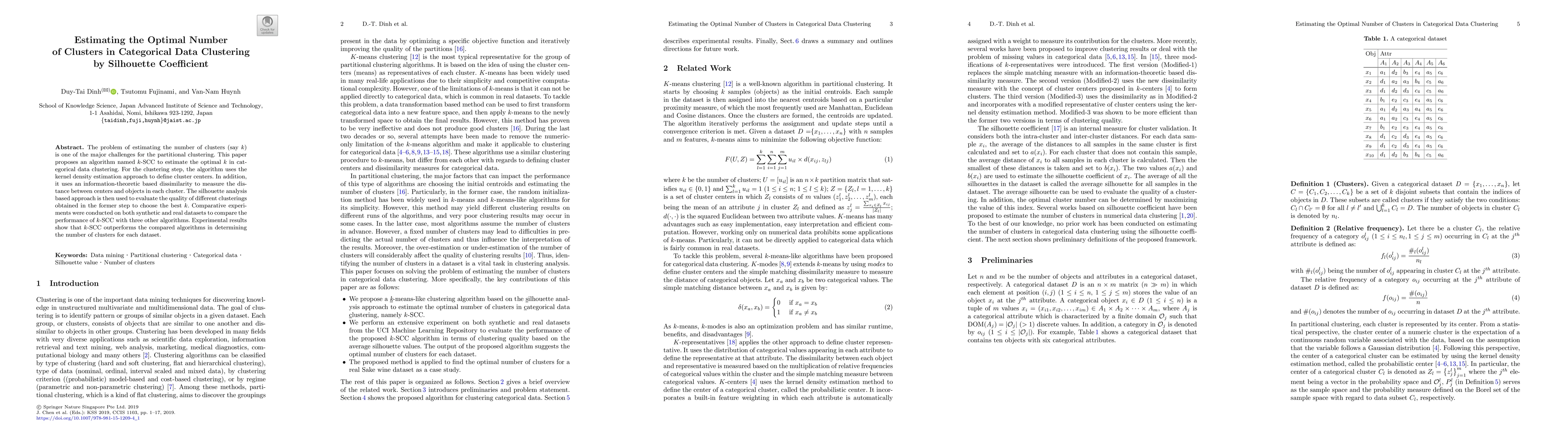 Thumbnail for Estimating the Optimal Number of Clusters in Categorical Data Clustering
  by Silhouette Coefficient