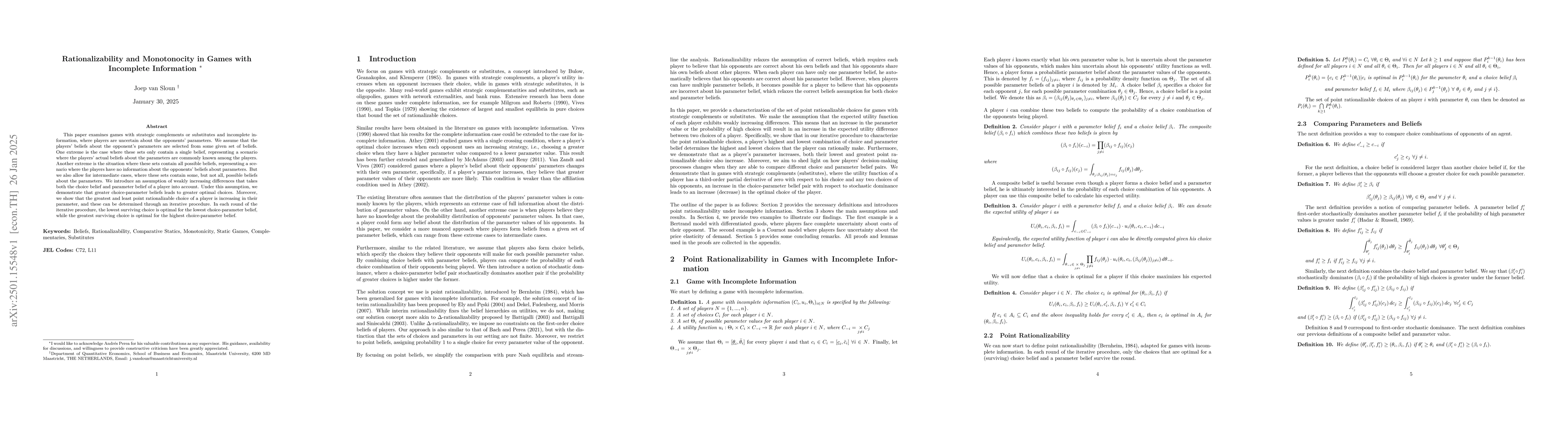 Thumbnail for Rationalizability and Monotonocity in Games with Incomplete Information