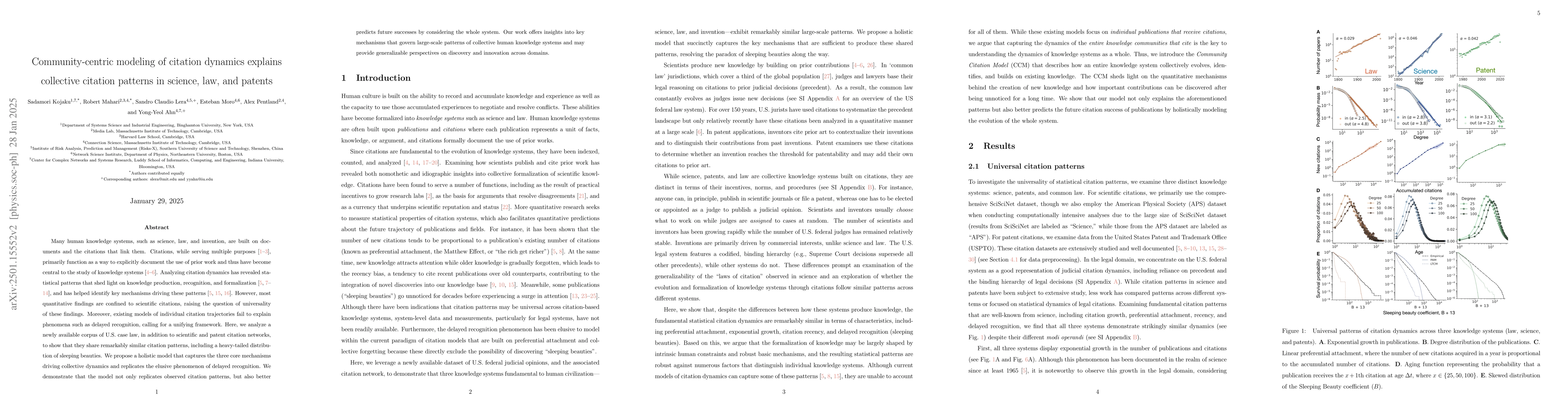 Thumbnail for Community-centric modeling of citation dynamics explains collective
  citation patterns in science, law, and patents