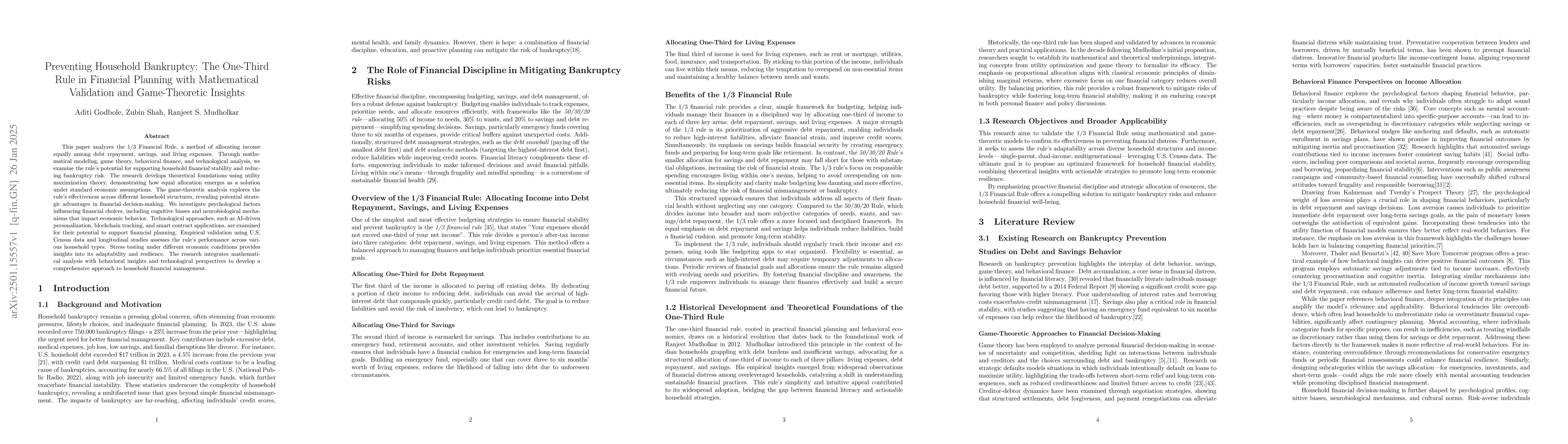 Thumbnail for Preventing Household Bankruptcy: The One-Third Rule in Financial
  Planning with Mathematical Validation and Game-Theoretic Insights