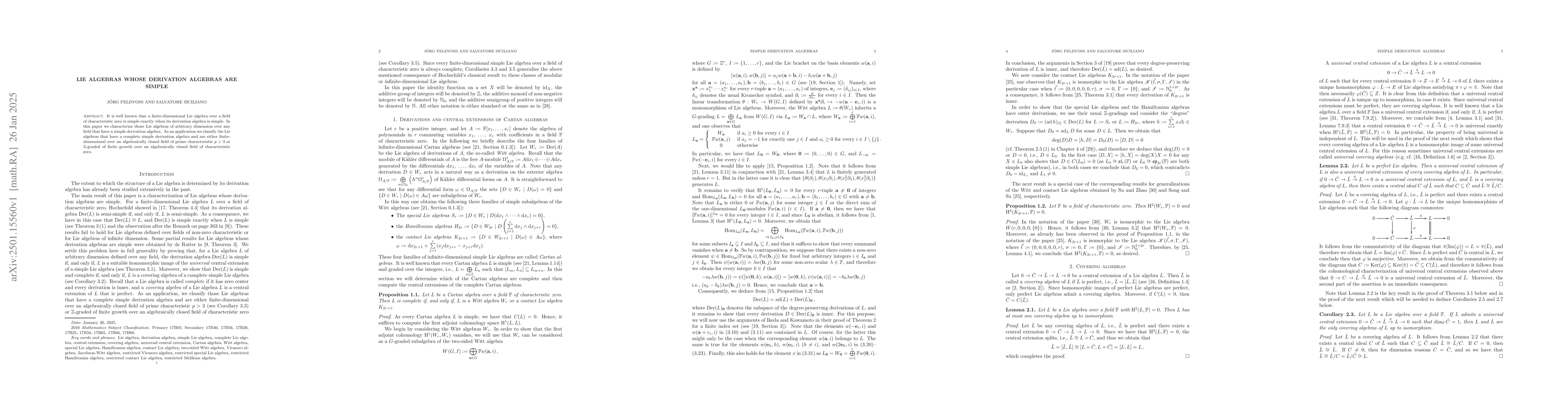 Thumbnail for Lie algebras whose derivation algebras are simple