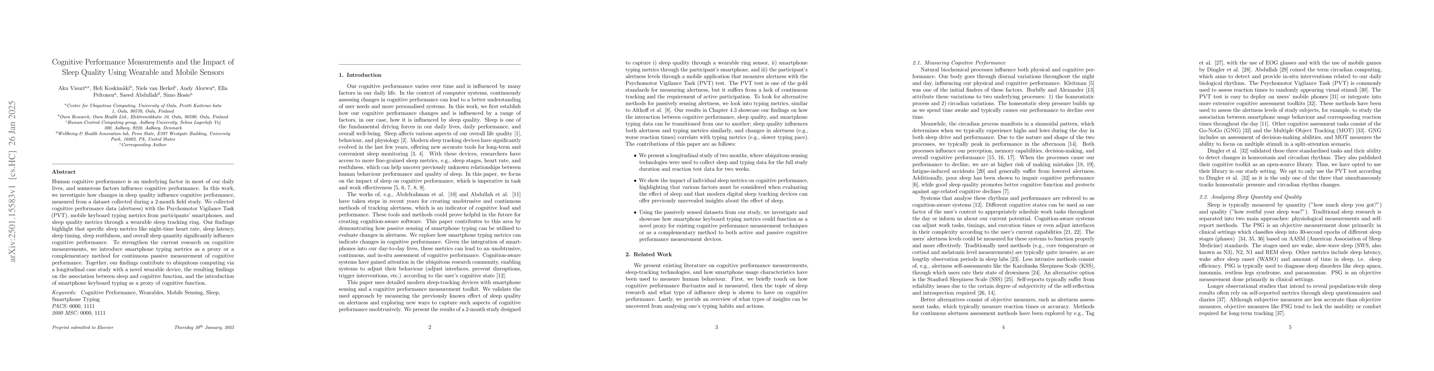 Thumbnail for Cognitive Performance Measurements and the Impact of Sleep Quality Using
  Wearable and Mobile Sensors