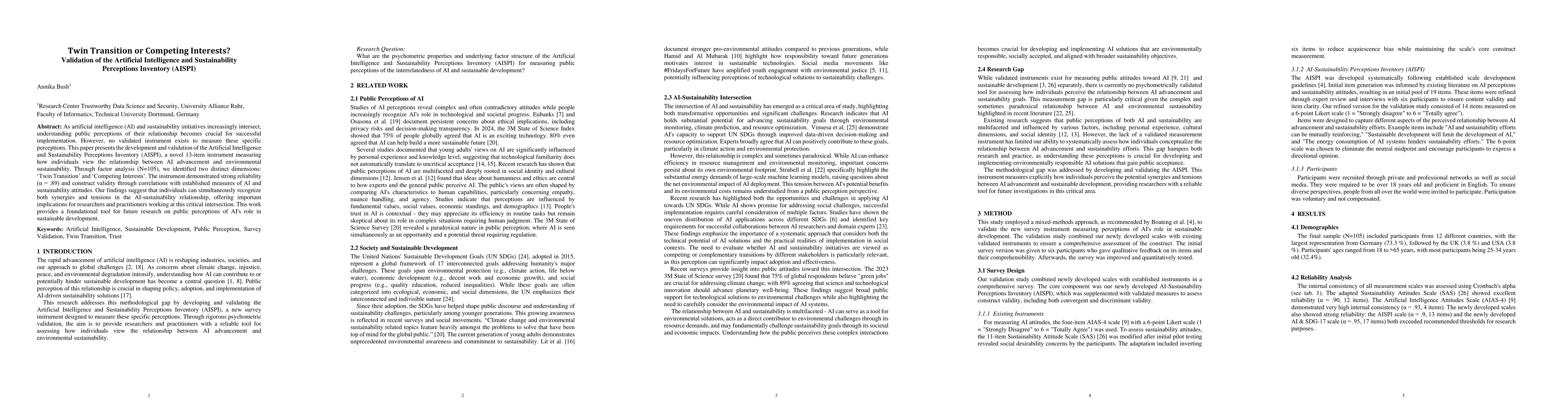 Thumbnail for Twin Transition or Competing Interests? Validation of the Artificial
  Intelligence and Sustainability Perceptions Inventory (AISPI)