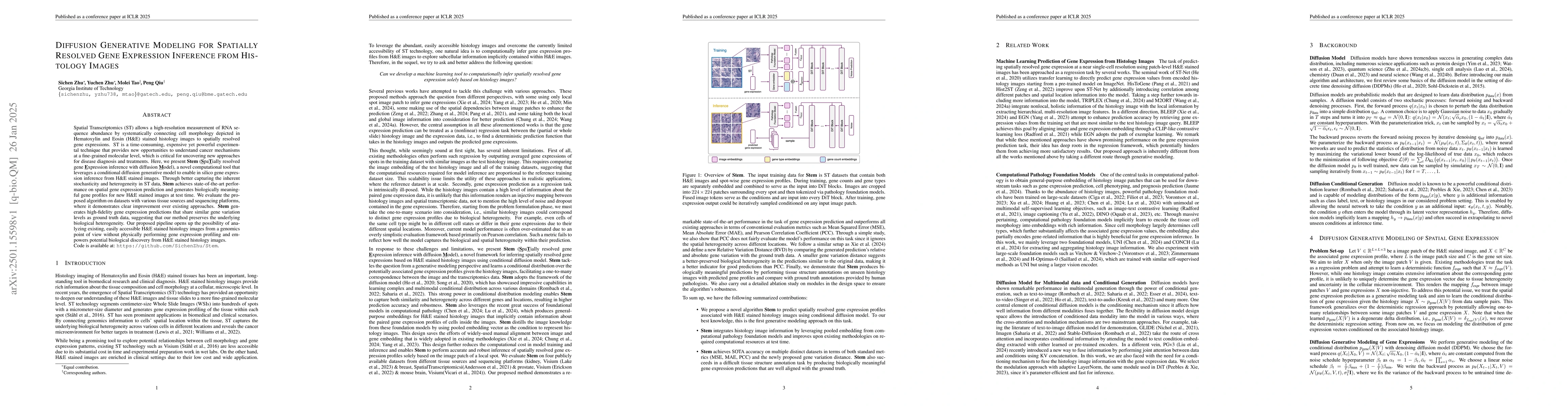 Thumbnail for Diffusion Generative Modeling for Spatially Resolved Gene Expression
  Inference from Histology Images
