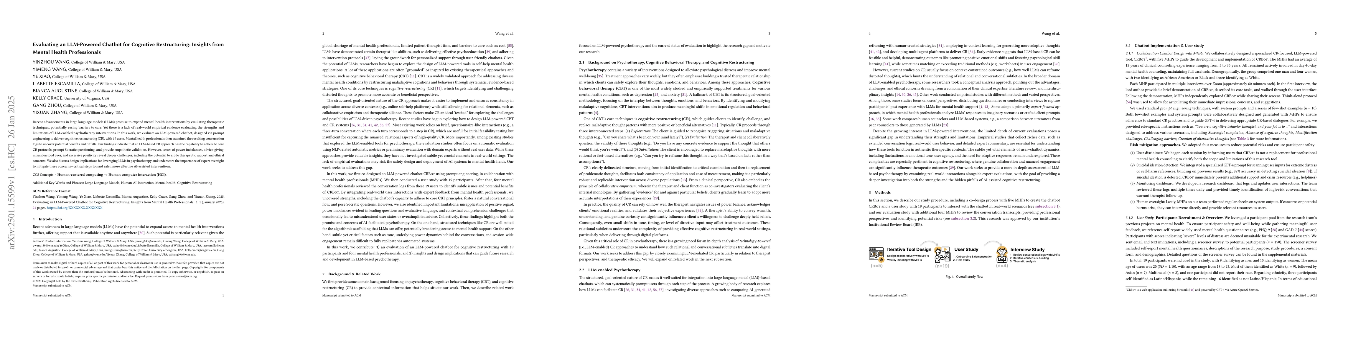 Thumbnail for Evaluating an LLM-Powered Chatbot for Cognitive Restructuring: Insights
  from Mental Health Professionals
