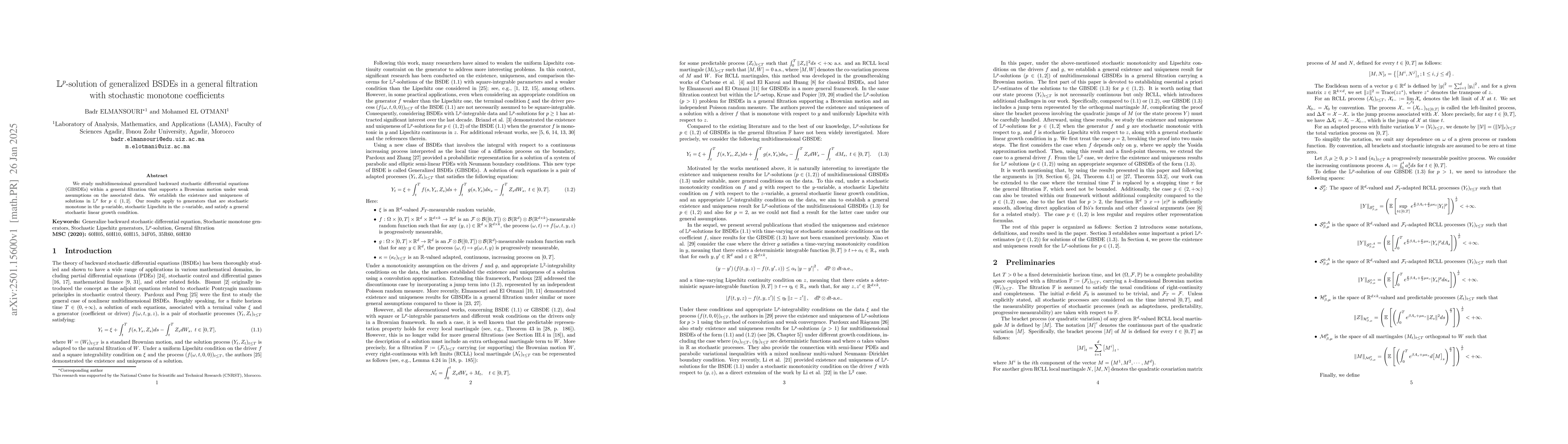 Thumbnail for $\mathbb{L}^p$-solution of generalized BSDEs in a general filtration
  with stochastic monotone coefficients