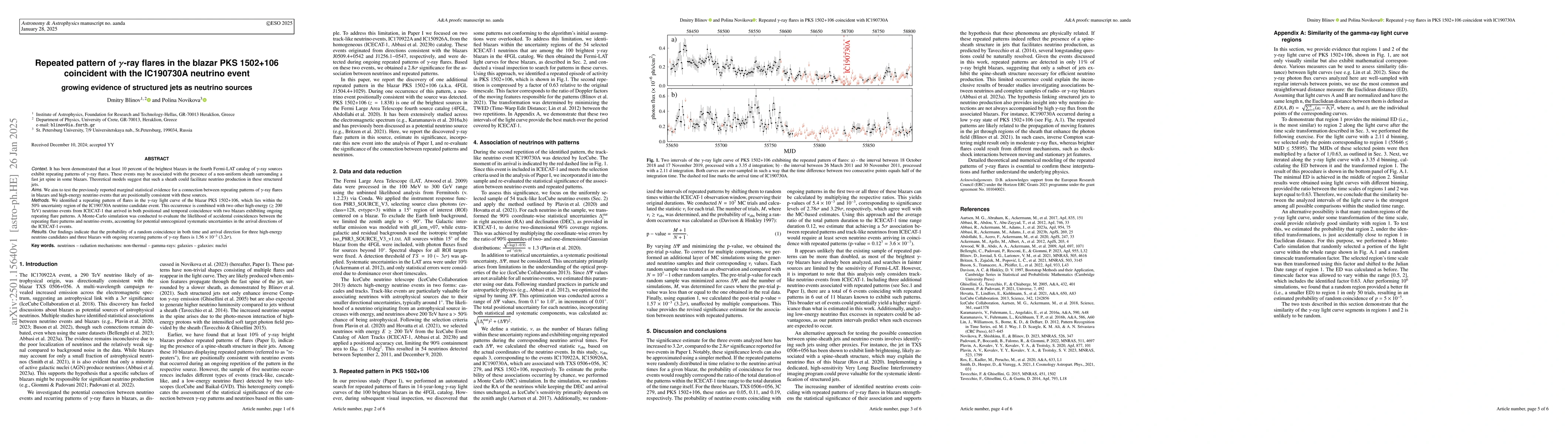 Thumbnail for Repeated pattern of $γ$-ray flares in the blazar PKS 1502+106
  coincident with the IC190730A neutrino event