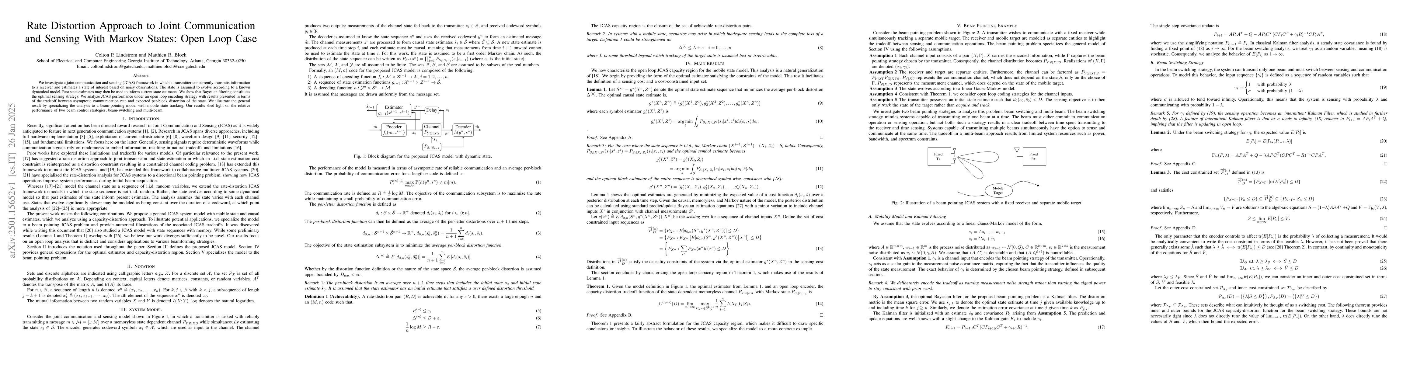 Thumbnail for Rate Distortion Approach to Joint Communication and Sensing With Markov
  States: Open Loop Case