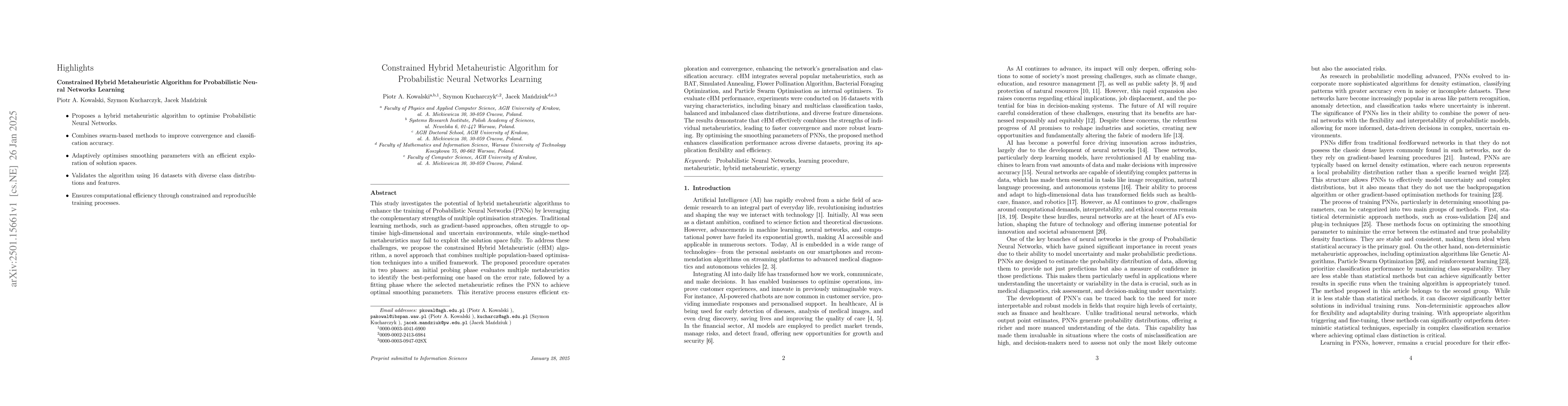Thumbnail for Constrained Hybrid Metaheuristic Algorithm for Probabilistic Neural
  Networks Learning