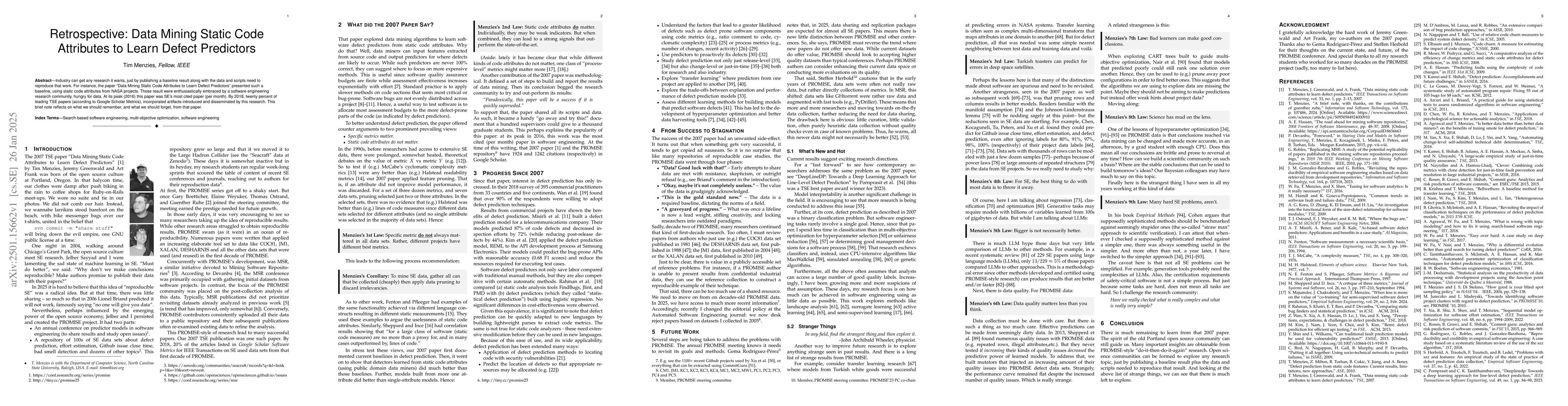 Thumbnail for Retrospective: Data Mining Static Code Attributes to Learn Defect
  Predictors
