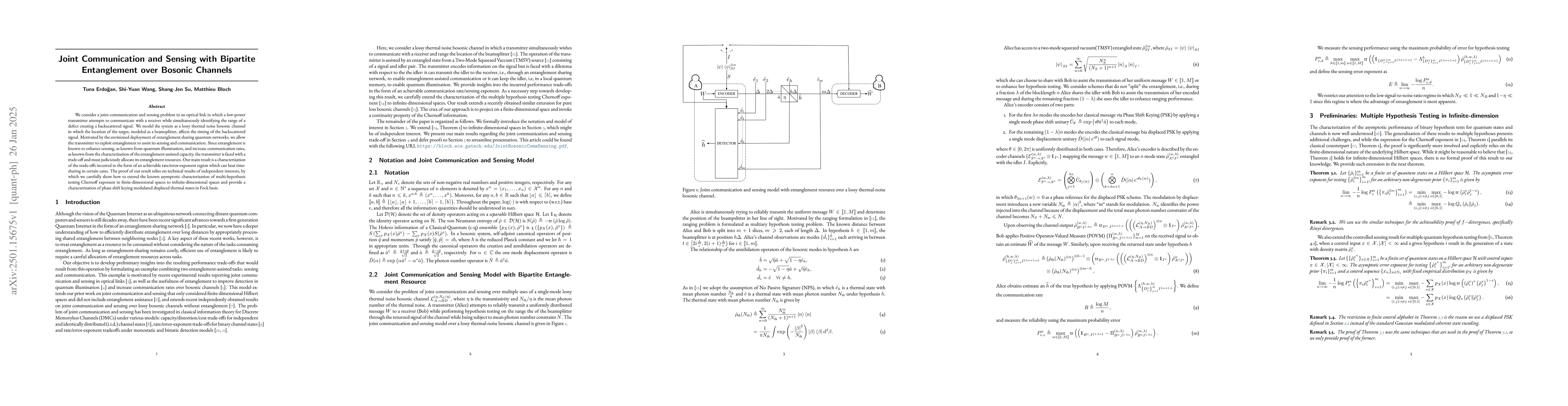 Thumbnail for Joint Communication and Sensing with Bipartite Entanglement over Bosonic
  Channels