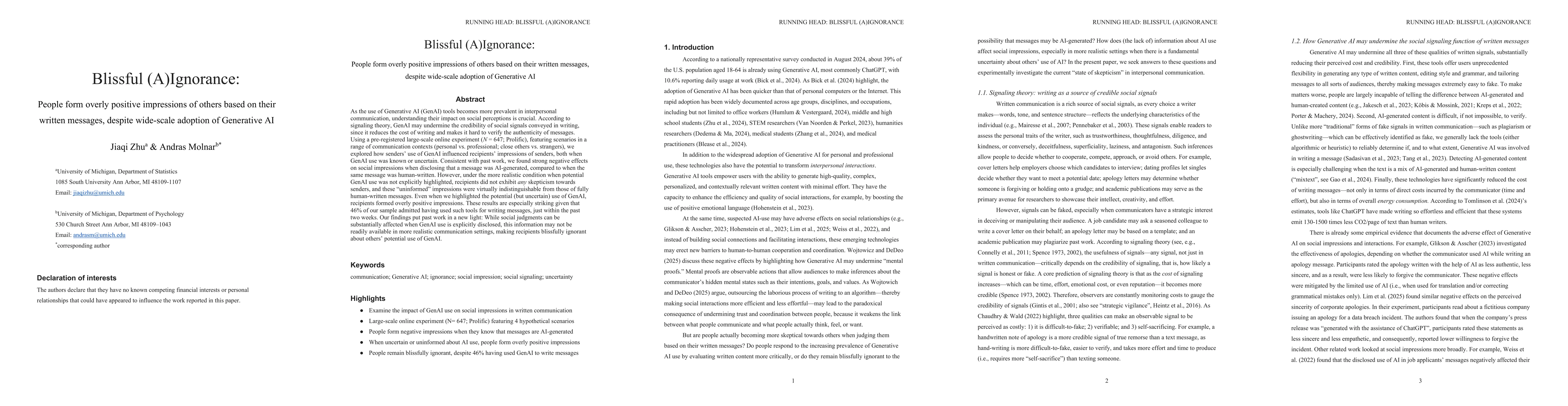 Thumbnail for Blissful (A)Ignorance: People form overly positive impressions of others
  based on their written messages, despite wide-scale adoption of Generative AI