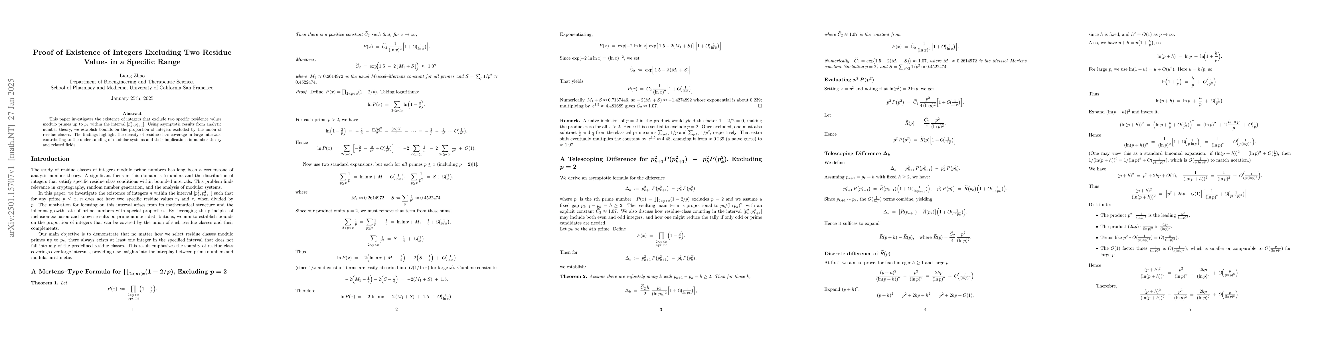 Thumbnail for Proof of Existence of Integers Excluding Two Residue Values in a
  Specific Range
