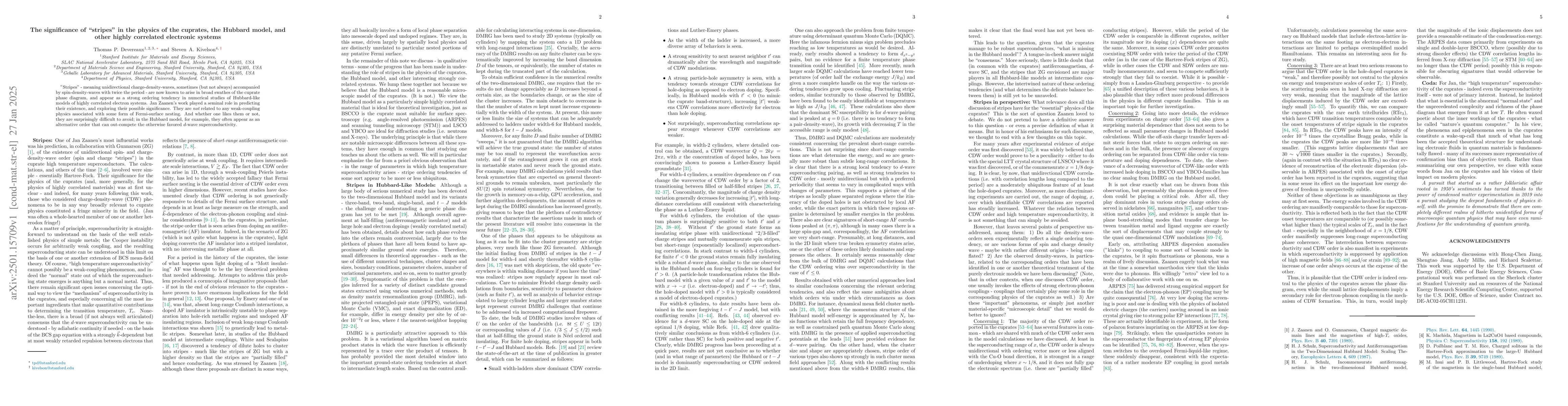 Thumbnail for The significance of "stripes" in the physics of the cuprates, the
  Hubbard model, and other highly correlated electronic systems