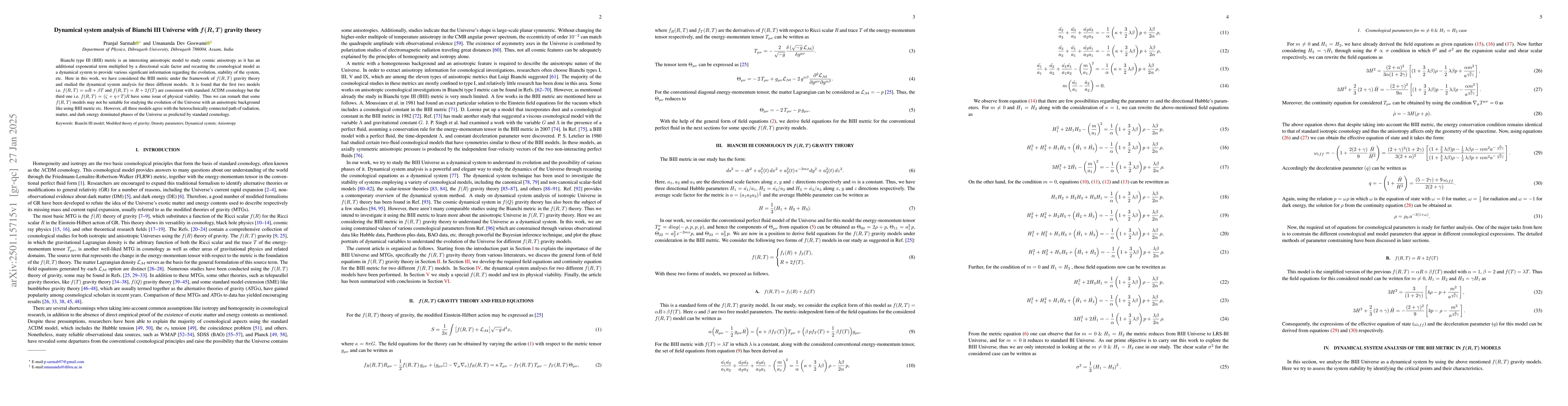 Thumbnail for Dynamical system analysis of Bianchi III Universe with
  $\boldsymbol{f(R,T)}$ gravity theory