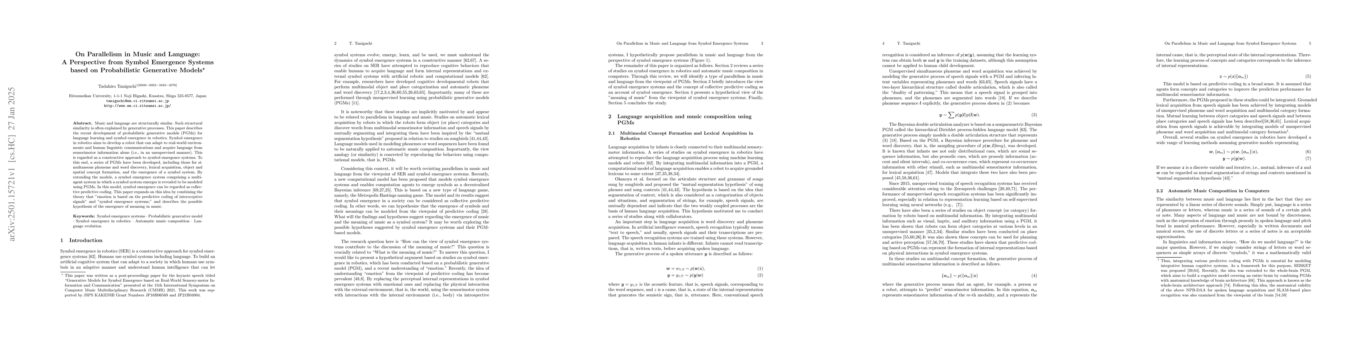 Thumbnail for On Parallelism in Music and Language: A Perspective from Symbol
  Emergence Systems based on Probabilistic Generative Models