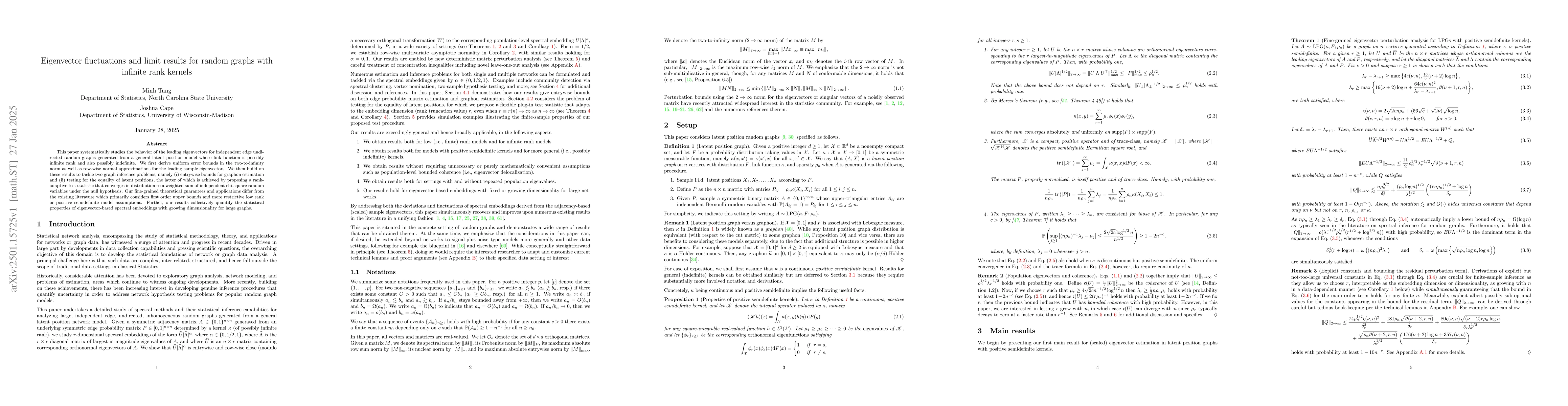 Thumbnail for Eigenvector fluctuations and limit results for random graphs with
  infinite rank kernels