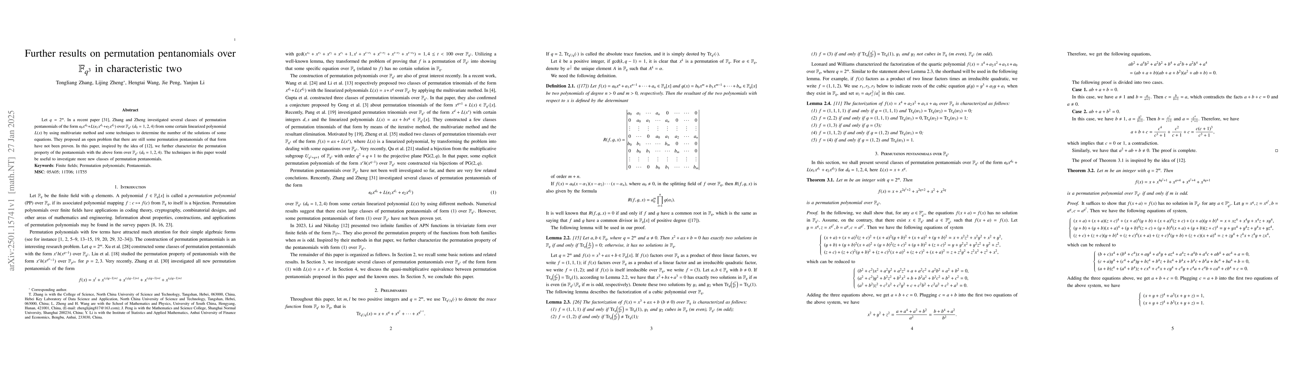 Thumbnail for Further results on permutation pentanomials over ${\mathbb F}_{q^3}$ in
  characteristic two