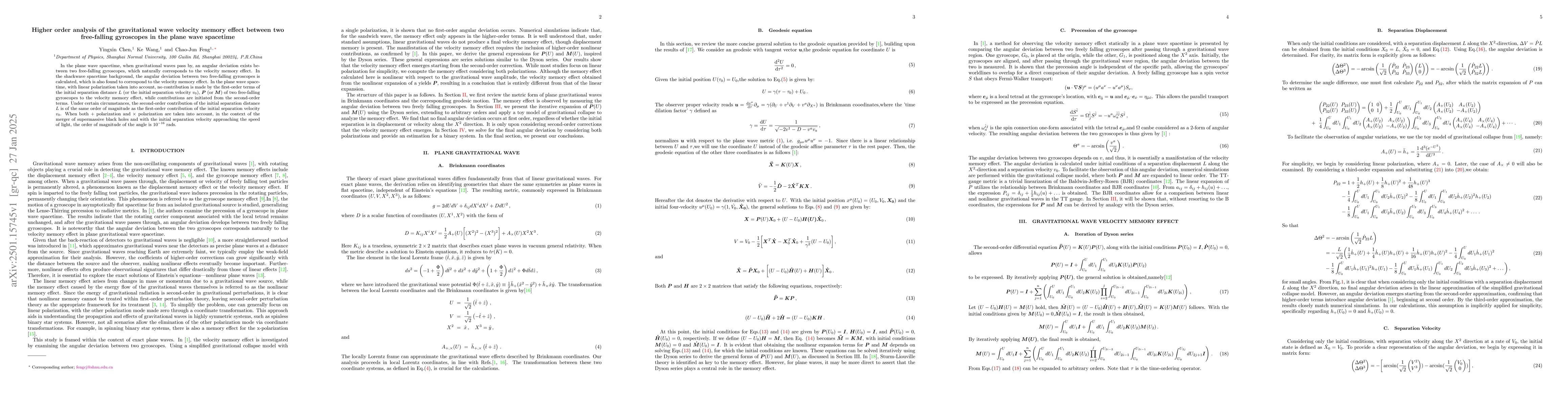 Thumbnail for Higher order analysis of the gravitational wave velocity memory effect
  between two free-falling gyroscopes in the plane wave spacetime