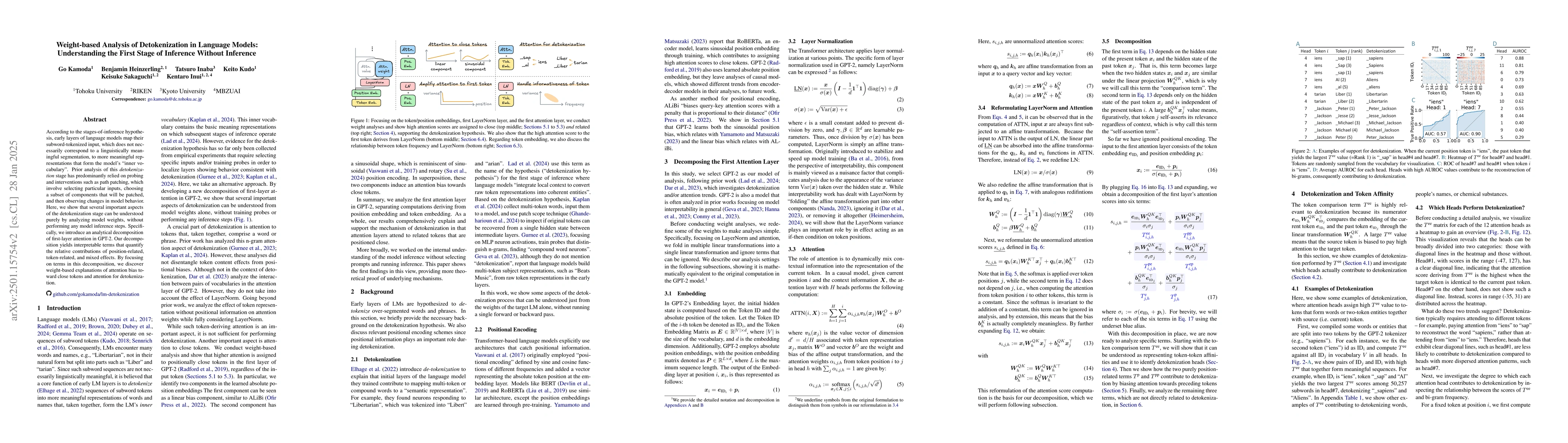 Thumbnail for Weight-based Analysis of Detokenization in Language Models:
  Understanding the First Stage of Inference Without Inference