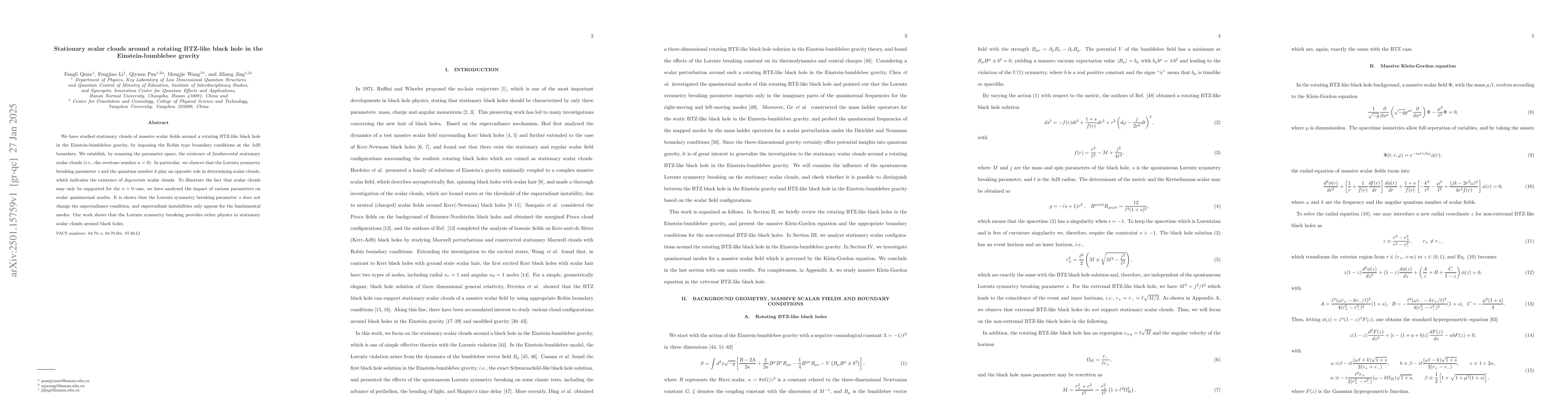Thumbnail for Stationary scalar clouds around a rotating BTZ-like black hole in the
  Einstein-bumblebee gravity