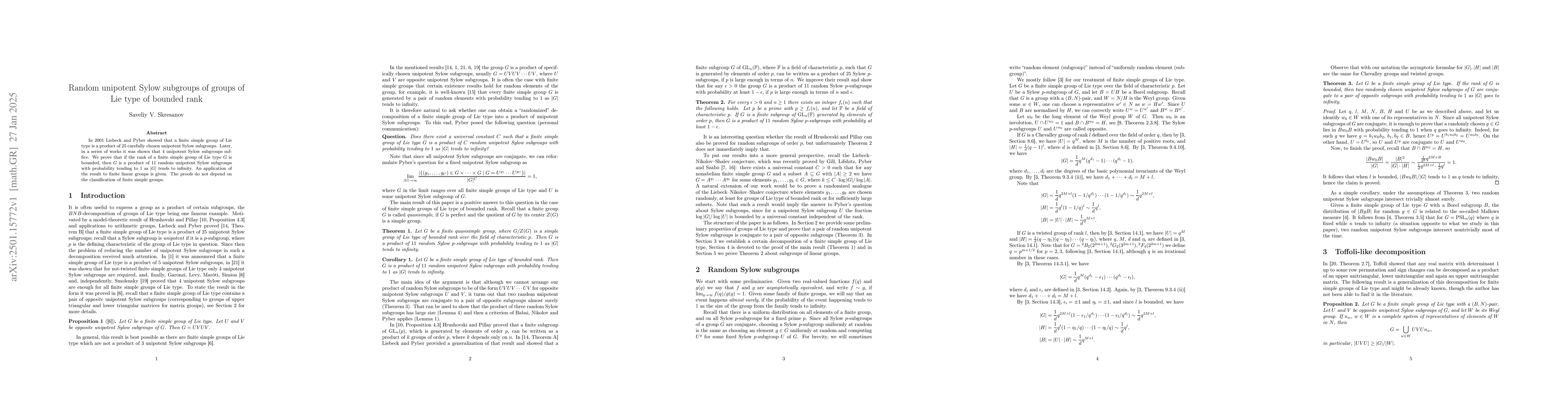 Thumbnail for Random unipotent Sylow subgroups of groups of Lie type of bounded rank