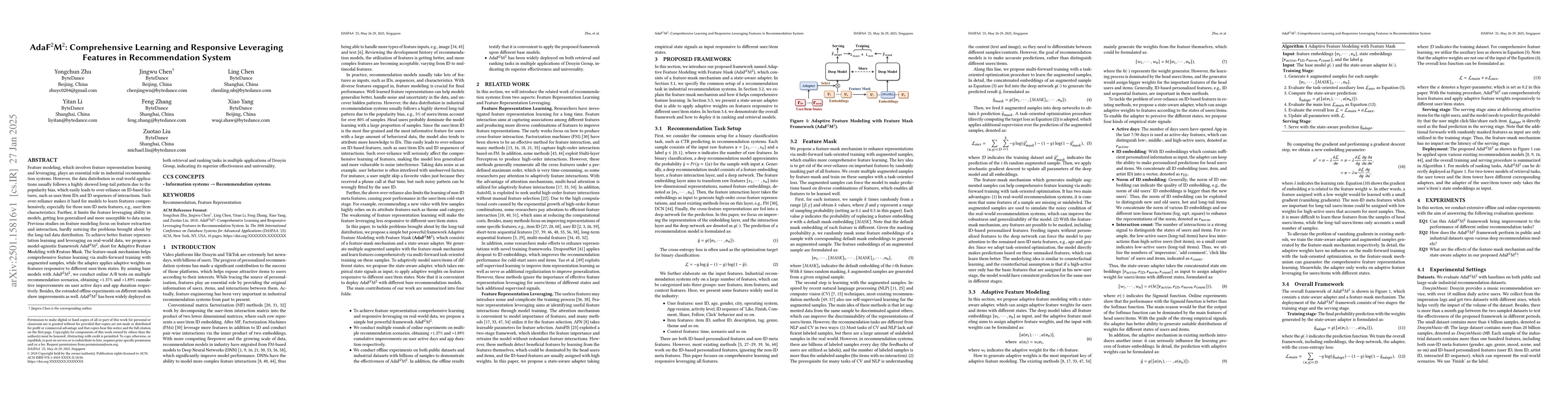 Thumbnail for AdaF^2M^2: Comprehensive Learning and Responsive Leveraging Features in
  Recommendation System