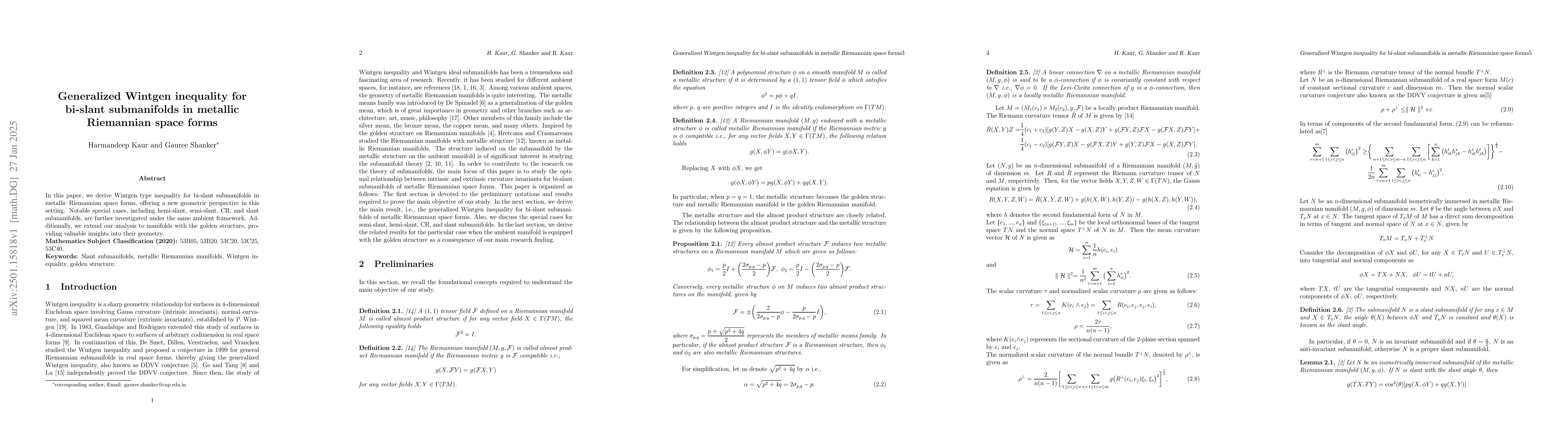 Thumbnail for Generalized Wintgen inequality for bi-slant submanifolds in metallic
  Riemannian space forms