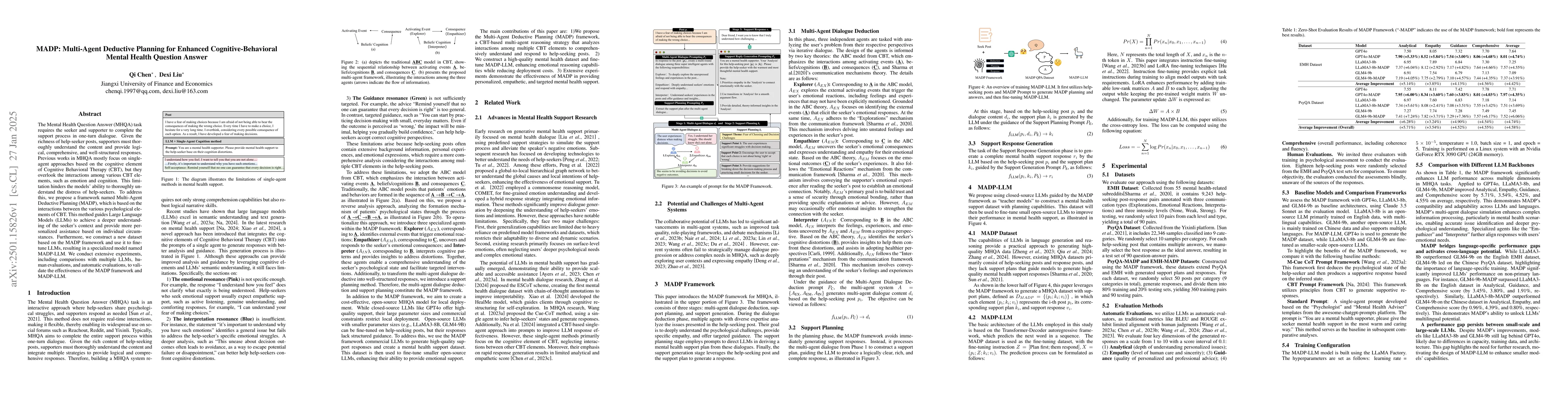 Thumbnail for MADP: Multi-Agent Deductive Planning for Enhanced Cognitive-Behavioral
  Mental Health Question Answer