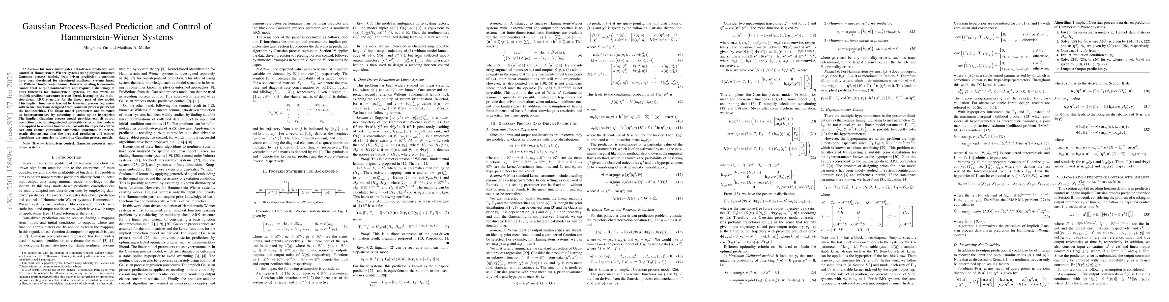 Thumbnail for Gaussian Process-Based Prediction and Control of Hammerstein-Wiener
  Systems
