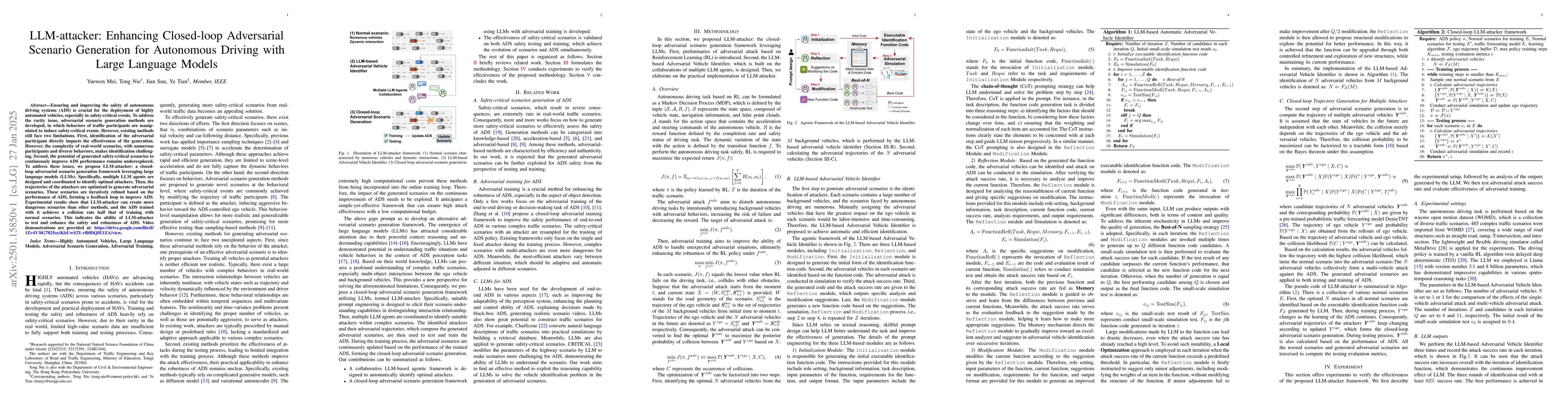 Thumbnail for LLM-attacker: Enhancing Closed-loop Adversarial Scenario Generation for
  Autonomous Driving with Large Language Models