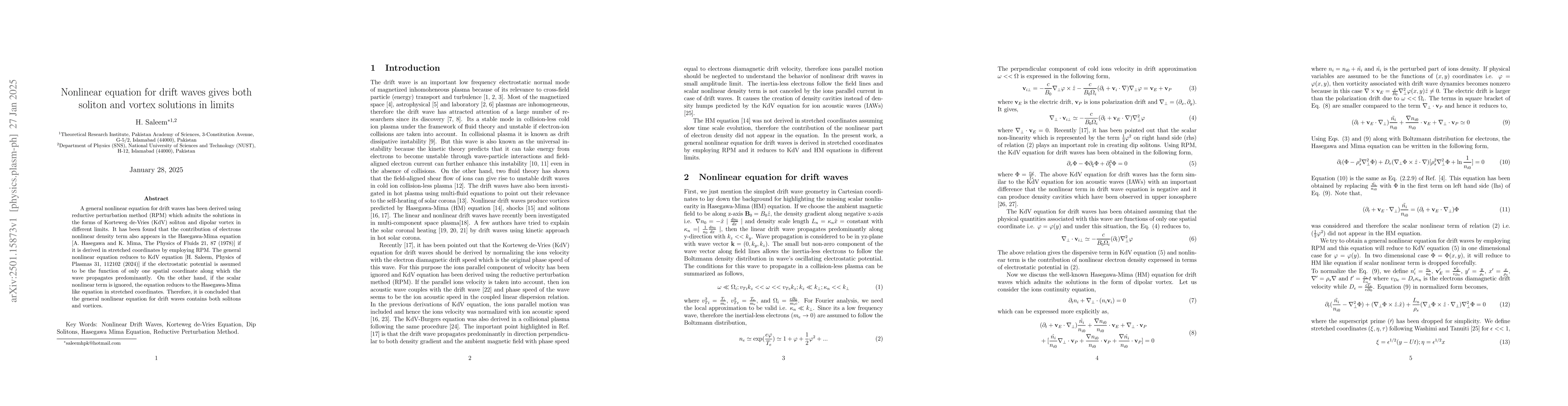 Thumbnail for Nonlinear equation for drift waves gives both soliton and vortex
  solutions in limits