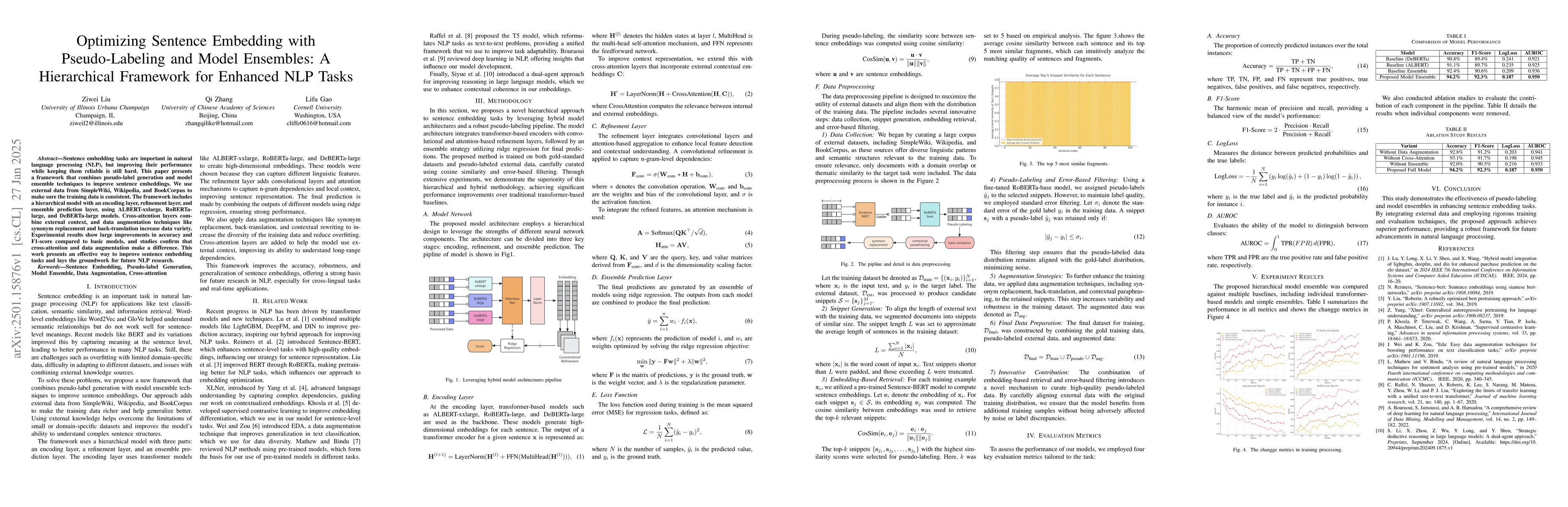 Thumbnail for Optimizing Sentence Embedding with Pseudo-Labeling and Model Ensembles:
  A Hierarchical Framework for Enhanced NLP Tasks