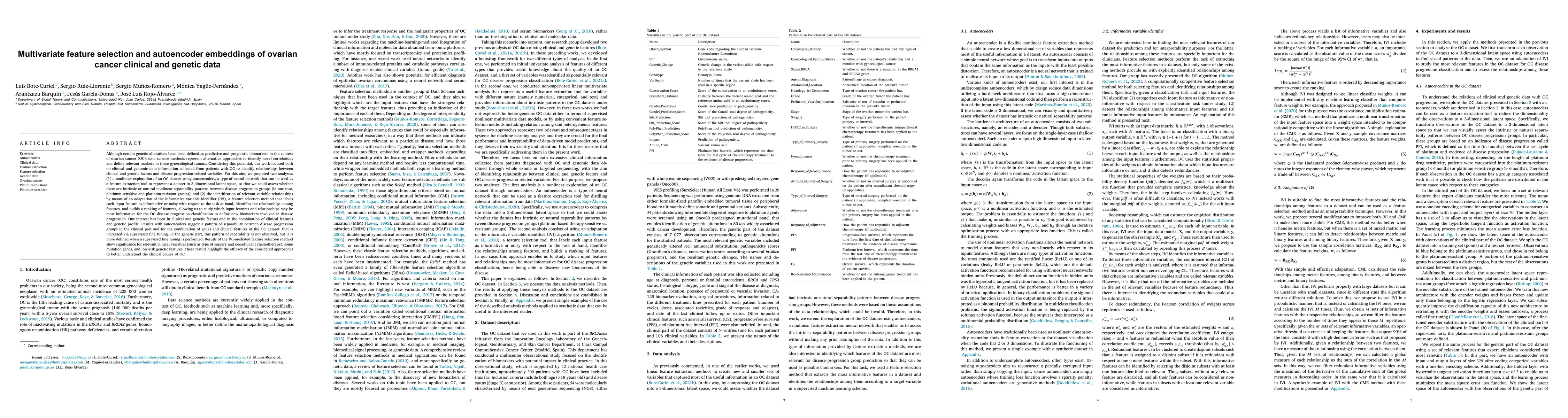 Thumbnail for Multivariate Feature Selection and Autoencoder Embeddings of Ovarian
  Cancer Clinical and Genetic Data