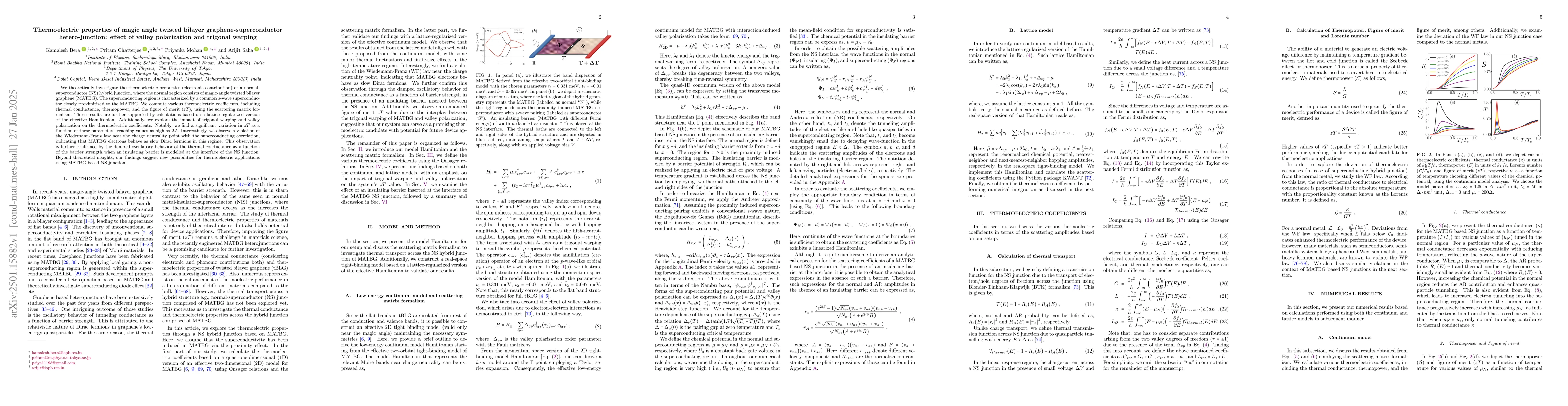 Thumbnail for Thermoelectric properties of magic angle twisted bilayer
  graphene-superconductor hetero-junction: effect of valley polarization and
  trigonal warping