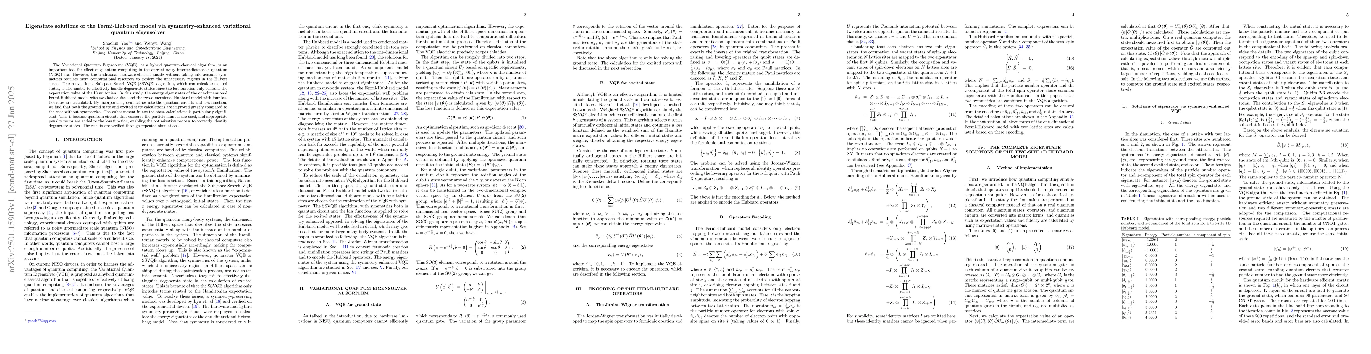 Thumbnail for Eigenstate solutions of the Fermi-Hubbard model via symmetry-enhanced
  variational quantum eigensolver