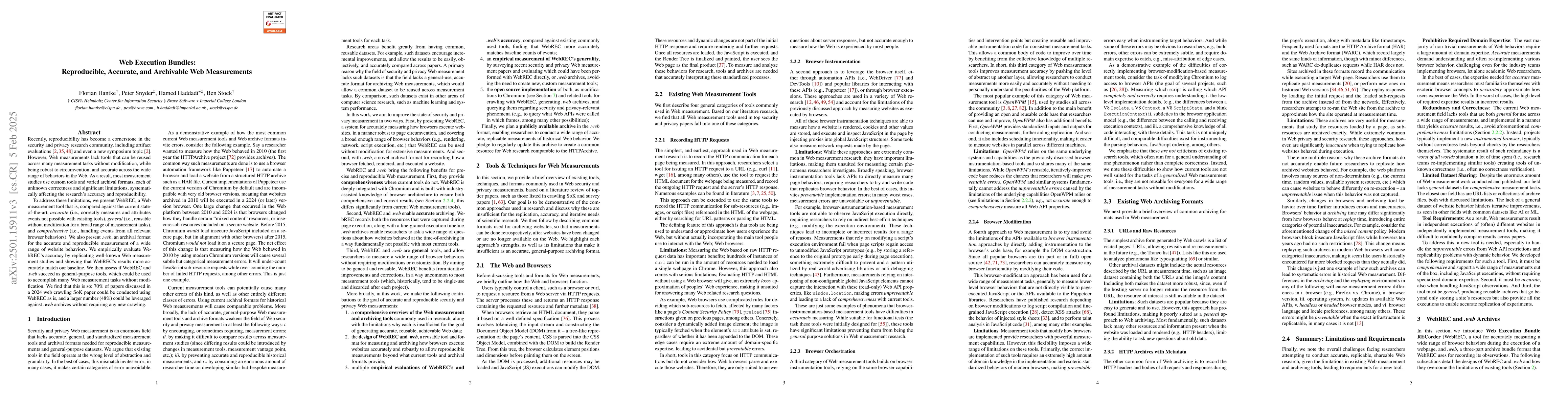 Thumbnail for Web Execution Bundles: Reproducible, Accurate, and Archivable Web
  Measurements