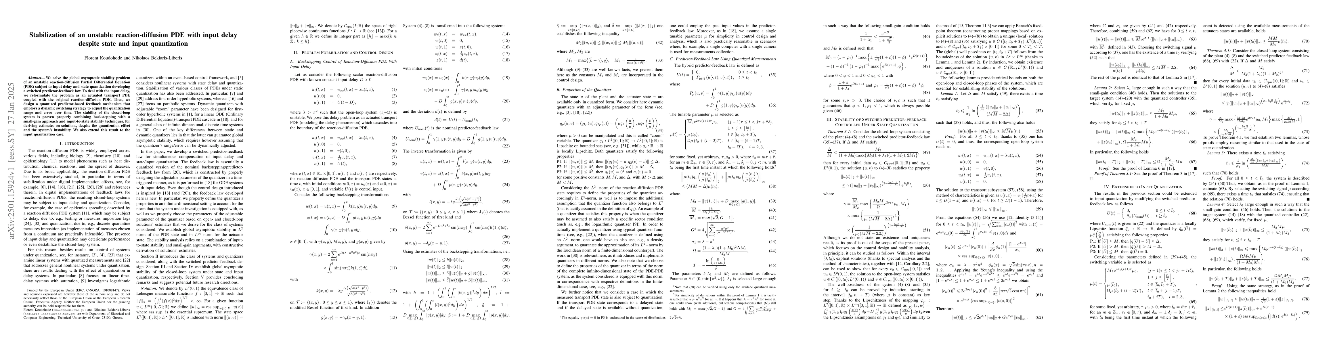 Thumbnail for Stabilization of an unstable reaction-diffusion PDE with input delay
  despite state and input quantization