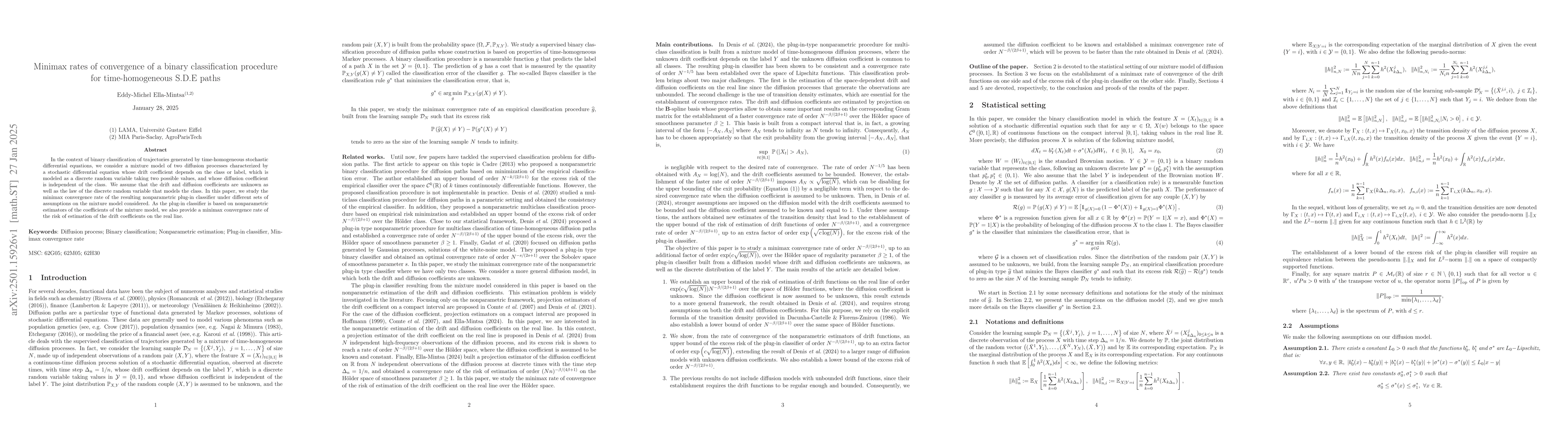 Thumbnail for Minimax rates of convergence of a binary classification procedure for
  time-homogeneous S.D.E paths