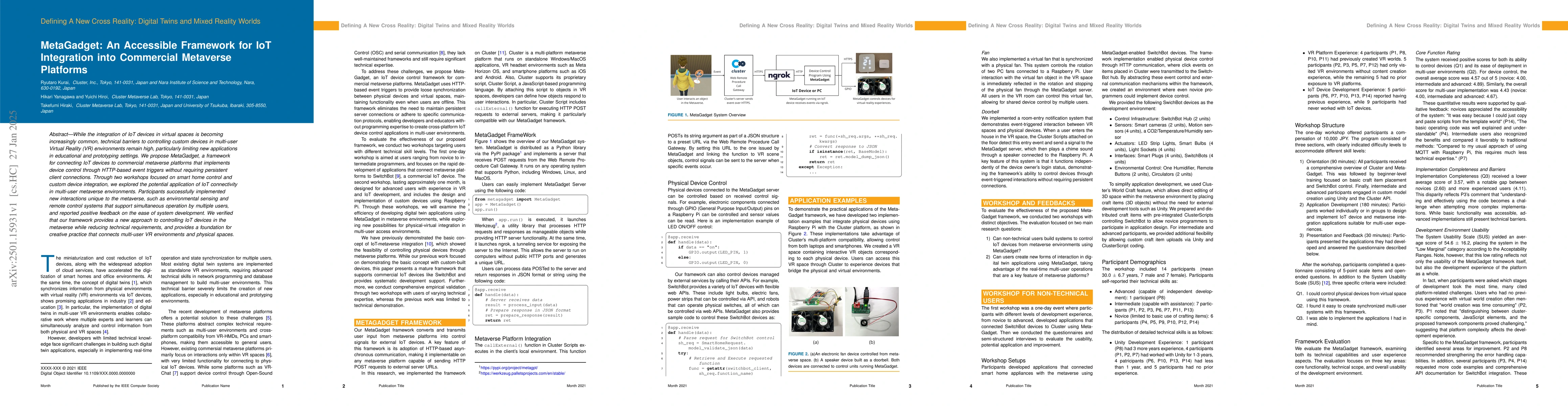 Thumbnail for MetaGadget: An Accessible Framework for IoT Integration into Commercial
  Metaverse Platforms