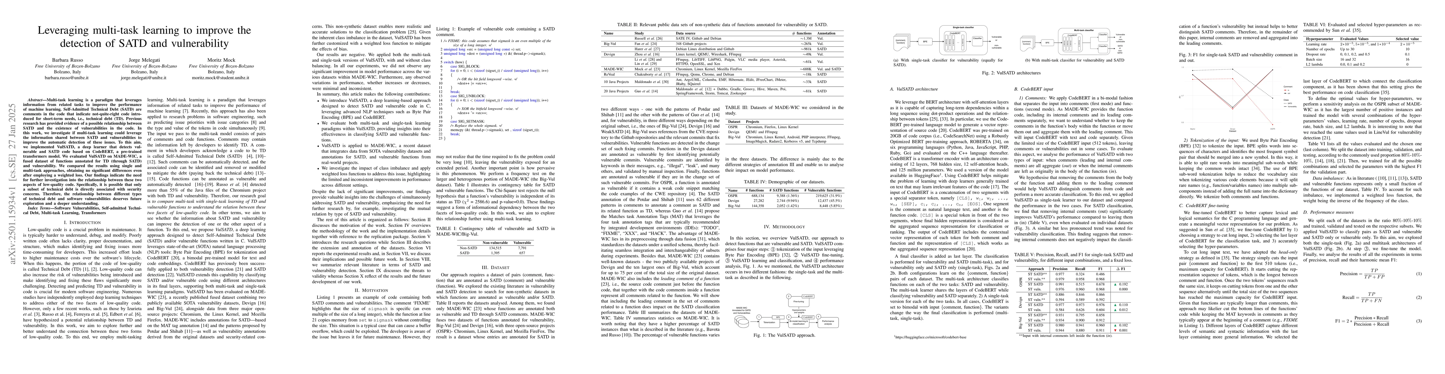 Thumbnail for Leveraging multi-task learning to improve the detection of SATD and
  vulnerability