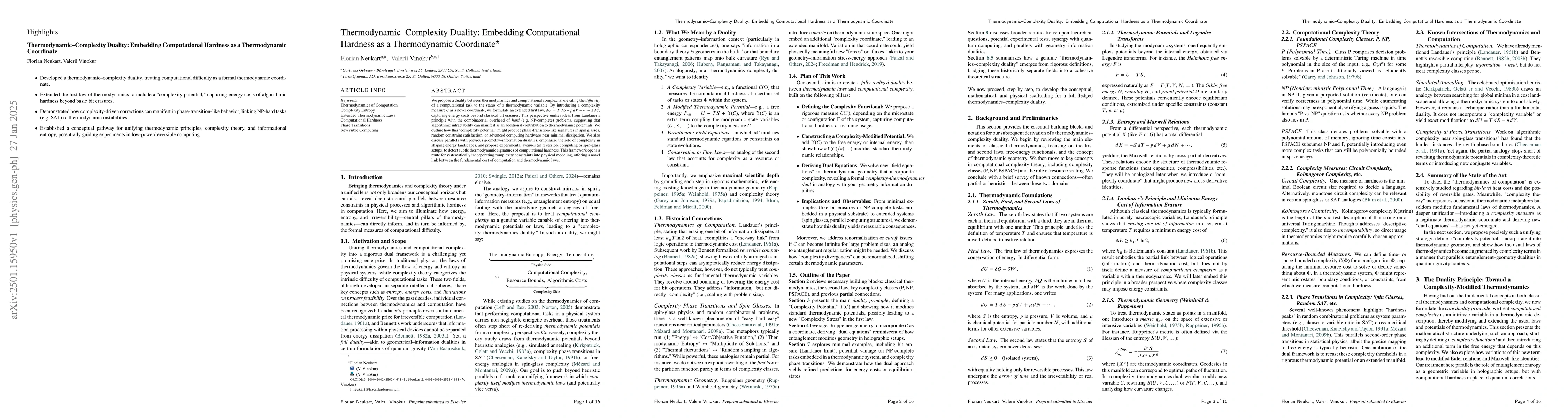 Thumbnail for Thermodynamic-Complexity Duality: Embedding Computational Hardness as a
  Thermodynamic Coordinate