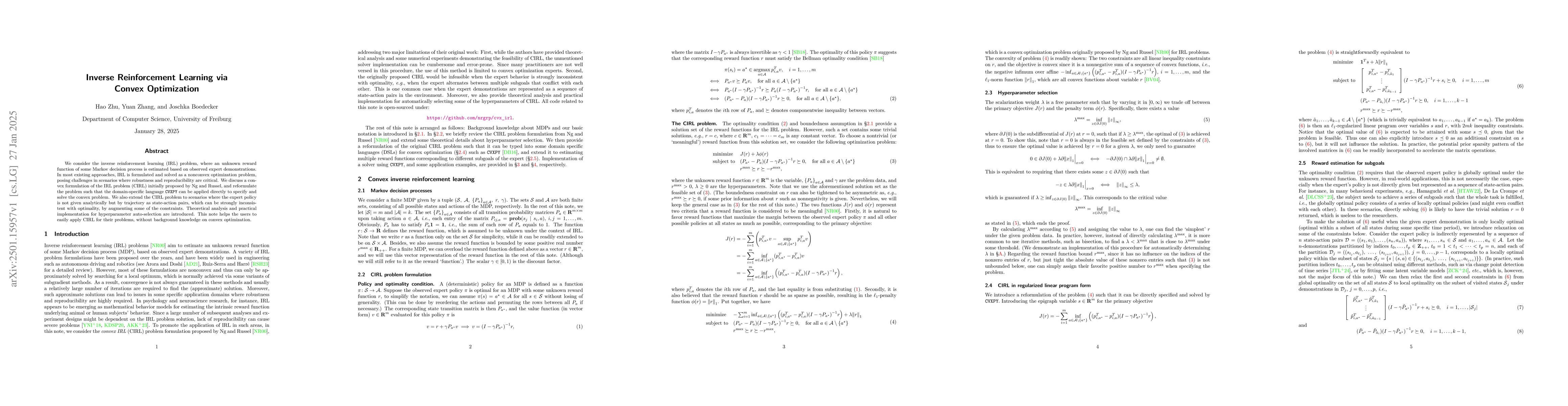 Thumbnail for Inverse Reinforcement Learning via Convex Optimization