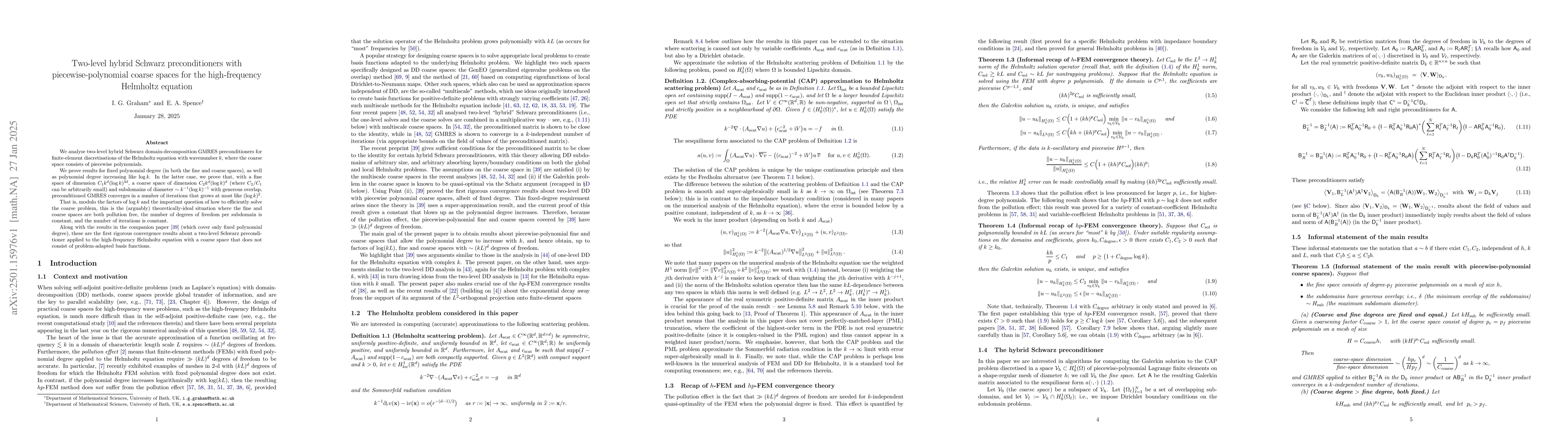 Thumbnail for Two-level hybrid Schwarz preconditioners with piecewise-polynomial
  coarse spaces for the high-frequency Helmholtz equation