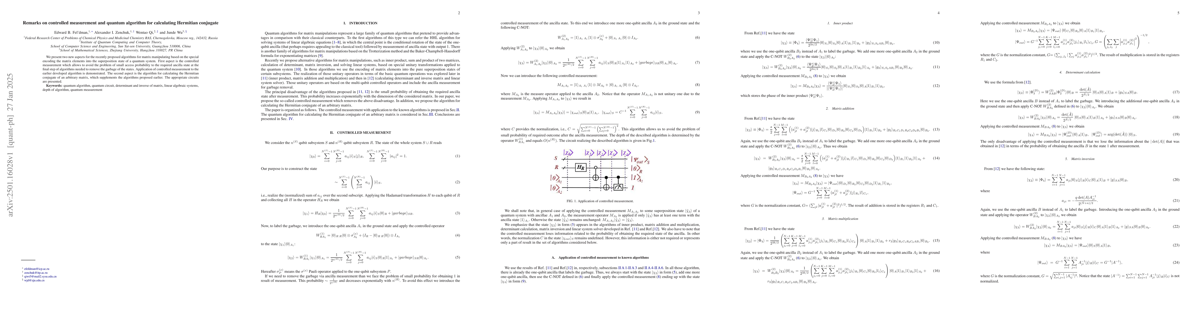 Thumbnail for Remarks on controlled measurement and quantum algorithm for calculating
  Hermitian conjugate