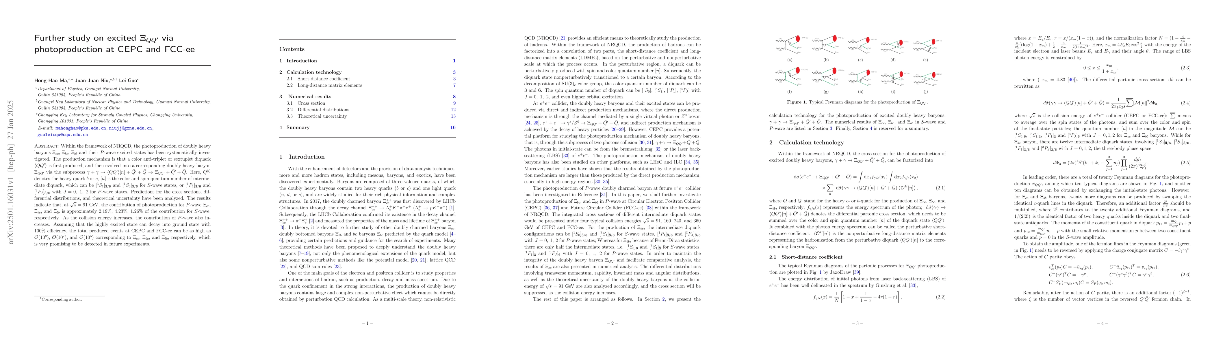 Thumbnail for Further study on excited $Ξ_{QQ^{\prime}}$ via photoproduction at CEPC
  and FCC-ee